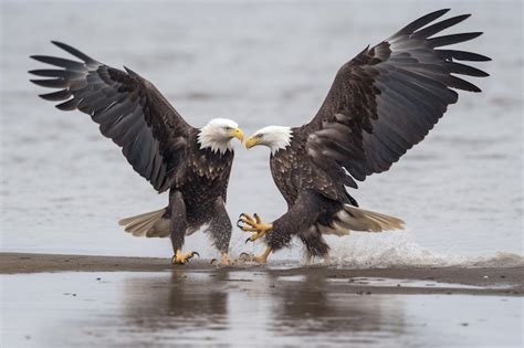 Premium AI Image | Two bald eagles fight in the water, one of which is ...