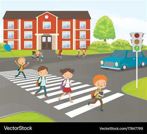 School children cross road on pedestrian crossing Vector Image