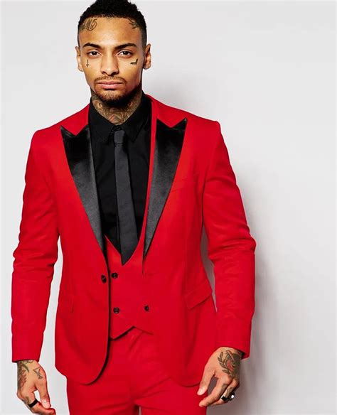 Handsome Red Men Wedding Prom Suits Black Lapel Slim Fit Tuxedos One Button Best Man Groomsman ...