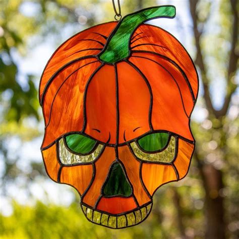 Halloween decor stained glass skull suncatcher Horror pumpkin | Etsy in ...