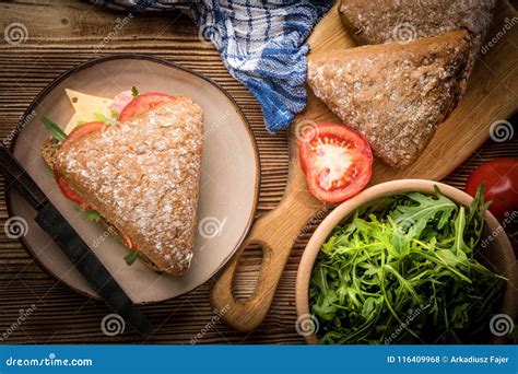 Triangular Sandwich with Cheese, Ham and Tomato. Stock Photo - Image of ...