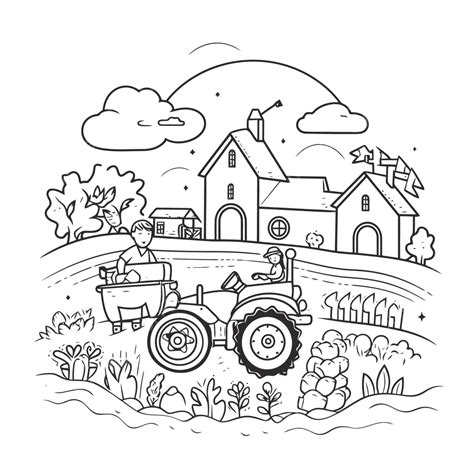 Farm With A Tractor And Man On The Farm Coloring Page Outline Sketch Drawing Vector, Wing ...