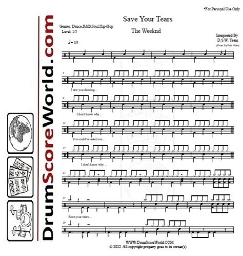 The Weeknd - Save Your Tears - Drum Sheet - Drum Score