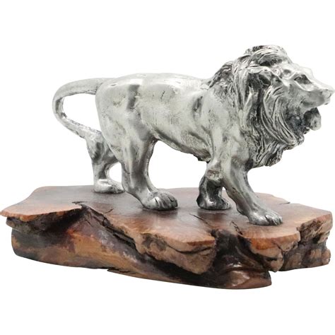 Silver Lion Figure Statue on Burl Wood Base (#0452) on Oct 25, 2021 | Donny Malone Auctions in NY