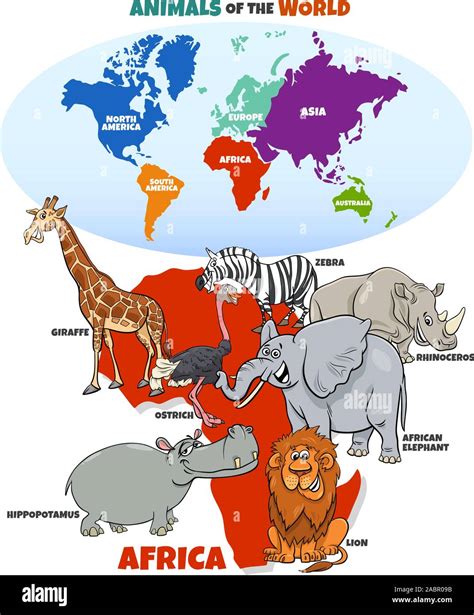 Educational Cartoon Illustration of African Animals and World Map with Continents Stock Vector ...