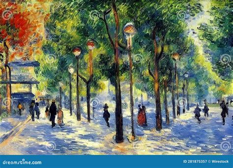 A Painting on the Wall with Trees and People Walking in it Stock Image - Image of path, abstract ...