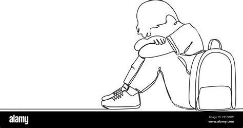 continuous single line drawing of sad boy with schoolbag sitting on ...