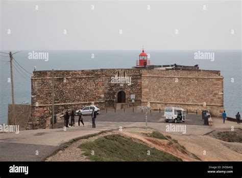 A view of the red lighthouse in Nazare, Portugal, on March 28, 2022 ...