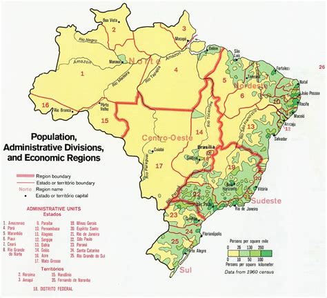 Brazil Population, Administrative Divisions, Economic Regions Map