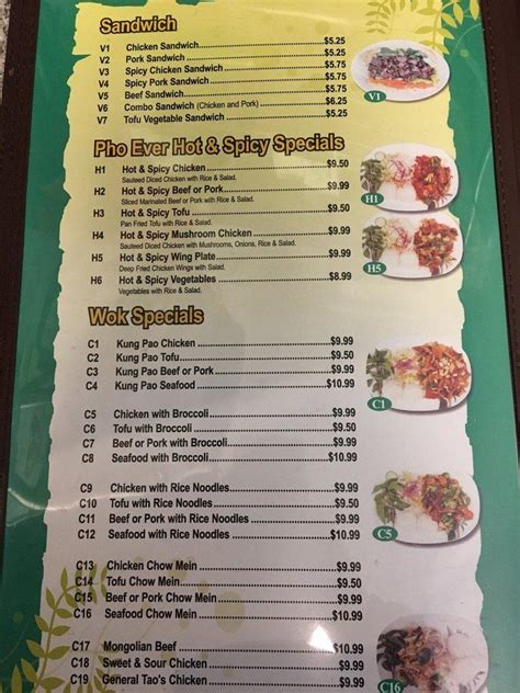 Menu at Pho Ever Vietnamese Cuisine restaurant, Longview