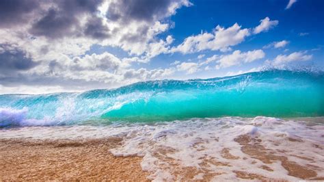 Closeup View Of Ocean Foam Waves Under White Clouds Blue Sky 4K 5K HD ...