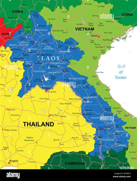 Highly detailed vector map of Laos with administrative regions, main ...