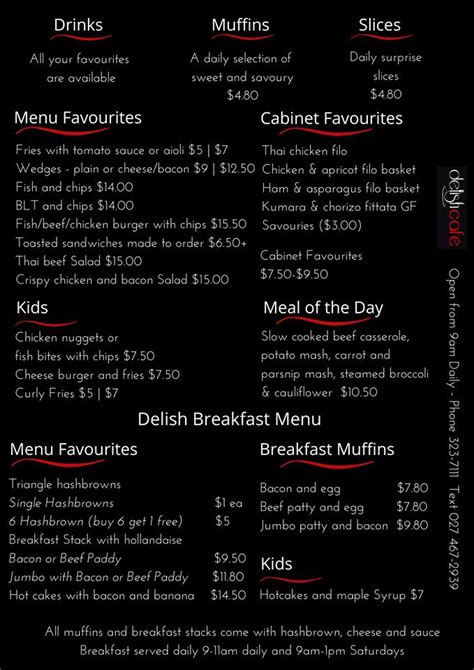 Menu at Delish Cafe, Feilding