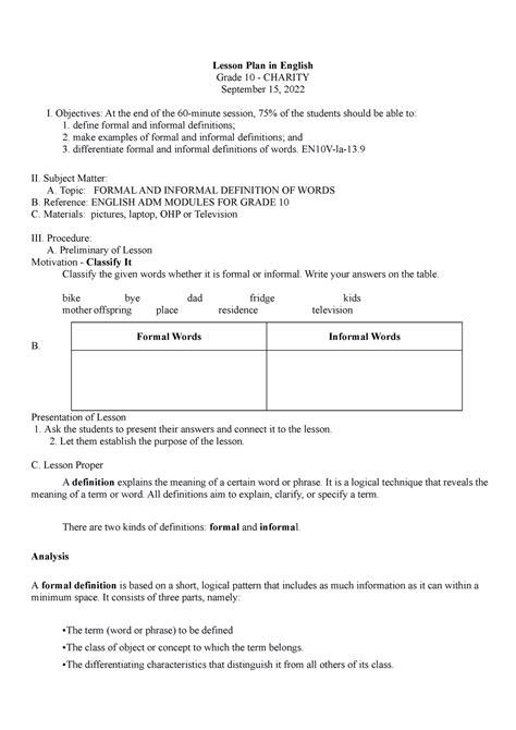 September 15, Formal AND Informal Definition - Lesson Plan in English Grade 10 - CHARITY ...