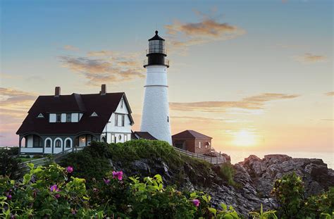 Portland Head Lighthouse at Sunrise with Flowers Photograph by Olivia ...