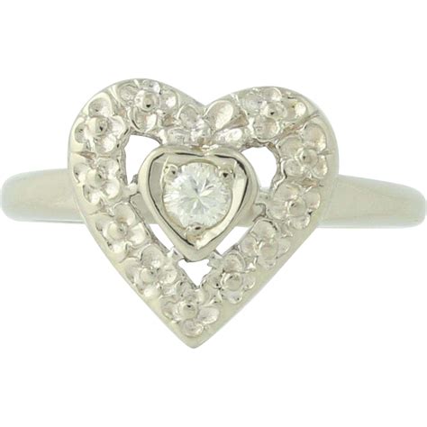 Vintage Diamond Heart Ring - 14k White Gold Solitaire 11ct from wilsonbrothers on Ruby Lane