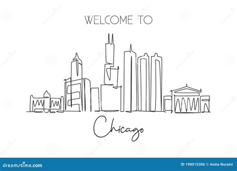 Single Continuous Line Drawing of Chicago City Skyline, USA. Famous City Scraper and Landscape ...