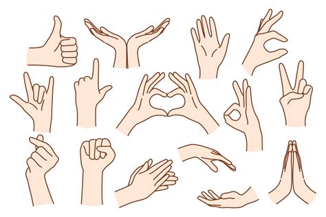 Set of person hands show different hand gestures expressing thoughts ...