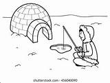 Stock Vektor „Coloring Page Eskimo Igloo Fishing“ Bez Autorských  sketch template