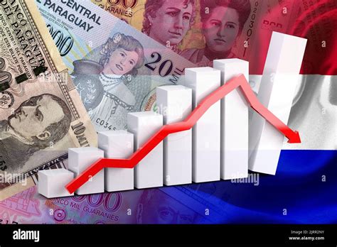 Economy Chart - Down Arrow, Guarani Cash Bills and Paraguay Flag (Money, Finance, Business ...