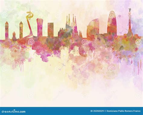 Barcelona Skyline in Watercolour Background Stock Illustration ...