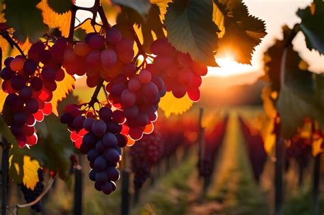 Premium AI Image | A vineyard with grapes in the sunset