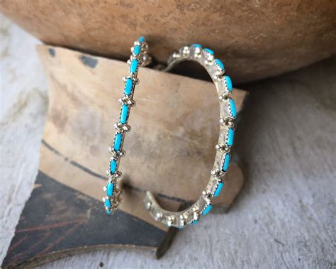 Medium-Sized Turquoise Hoop Earrings for Women, Zuni Native American Indian Jewelry