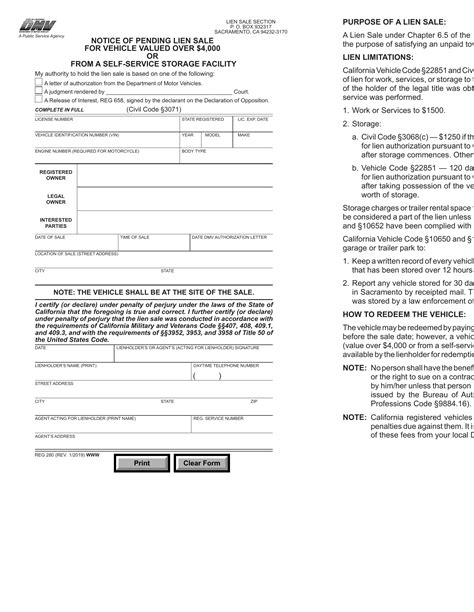 CA DMV Form REG 280. Notice of Pending Lien Sale of Vehicle Valued over $4000 or From a Self ...