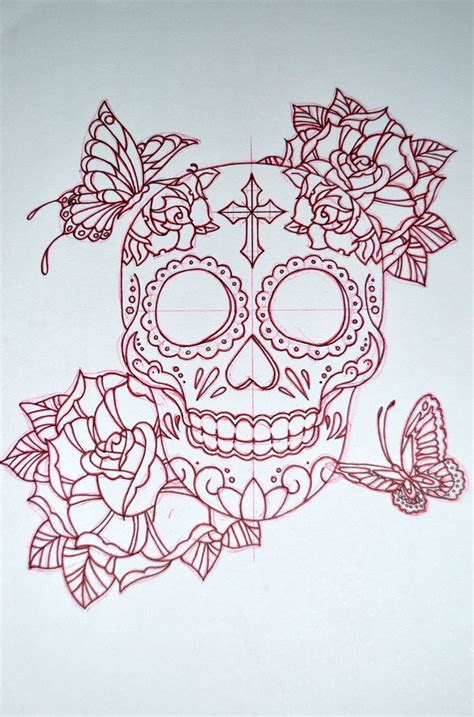 a drawing of a skull with roses and a butterfly on it's forehead is shown