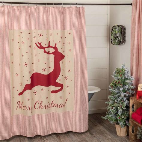 Homespun Red Ticking Reindeer Shower Curtain - Piper Classics Holiday Shower Curtains, Bathroom ...