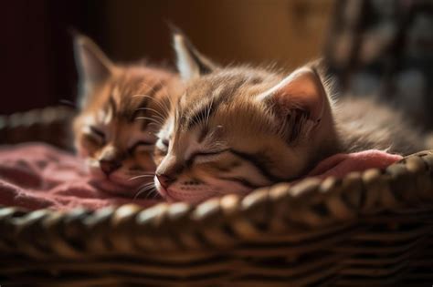 Premium AI Image | Two kittens sleeping in a basket with one of them sleeping.