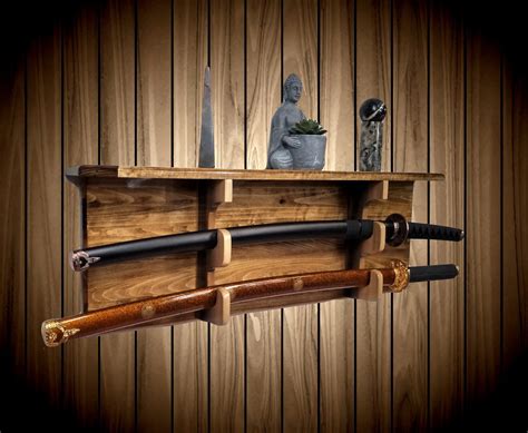Sword Display Rack w/Shelf, Aspen Wood Wall Mount, Walnut Finish, Military Saber, Katana Samurai ...