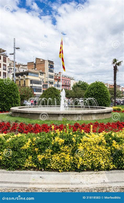 Fountain in Plaza Catalunya in Girona Stock Image - Image of grass ...