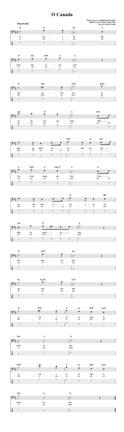 O Canada - Bass Guitar Sheet Music and Tab with Chords and Lyrics