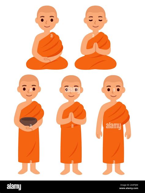 Cute cartoon Thai Buddhist monks in orange robes. Standing with alms bowl, sitting, meditating ...