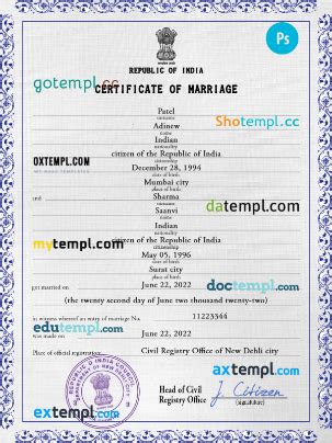 India marriage certificate PSD template, fully editable