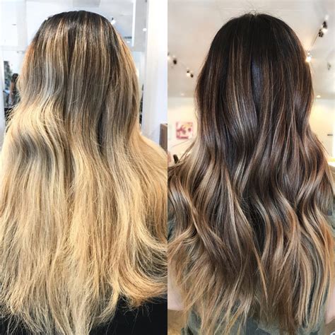 Long Blonde hair to dimensional Brunette! Reverse balayage! #hairgoals #brunettehair #hairstyles ...