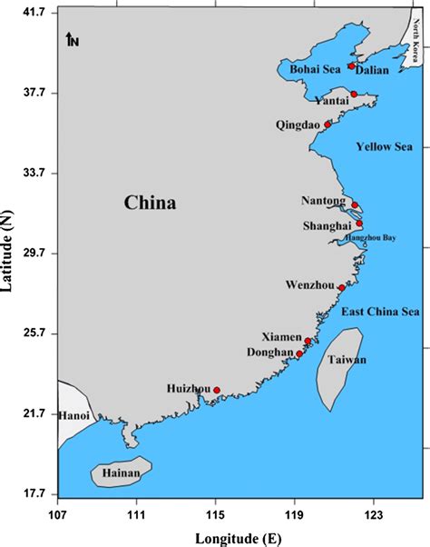 Map showing the sampling locations along the coast of China | Download Scientific Diagram