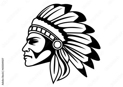 Warriors Vector Illustration of old Native American Indian chief in feathers war bonnet line art ...