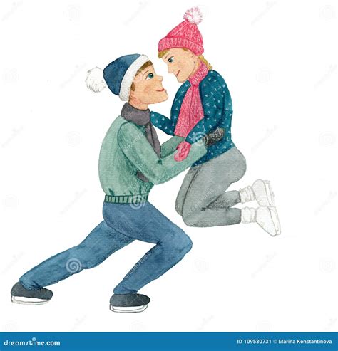 Ice-skating Happy Loving Couple Stock Illustration - Illustration of watercolor, christmas ...