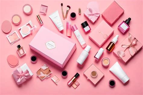 Premium AI Image | A pink box of cosmetics is surrounded by a pink box.