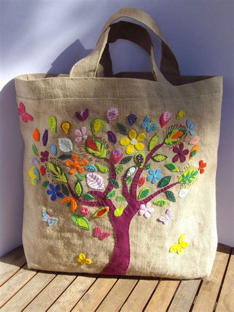 Jute shoppers bag, handmade Avatar tree, boho chic, UNIQUE hand ...