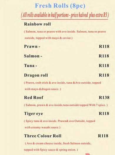 Menu at Hayashi Sushi restaurant, Stellenbosch