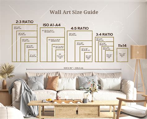 the wall art size guide is displayed in a living room with couches and coffee table