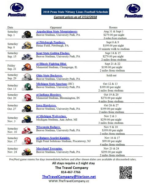 Penn State Football Printable Schedule