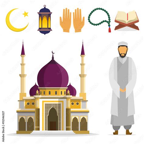 Set of Islamic religious symbols and ritual objects. Ramadan symbol. Muslim Mosque mullah, an ...