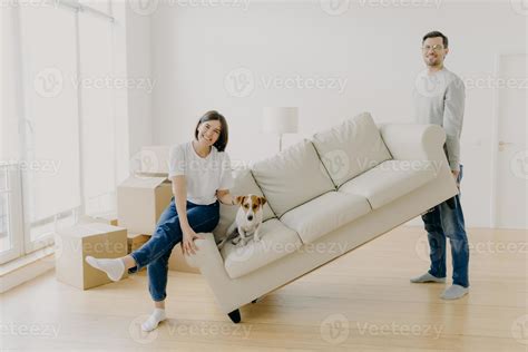 Happy couple move furniture in their new modern home, carry sofa with pet, pose in spacious room ...