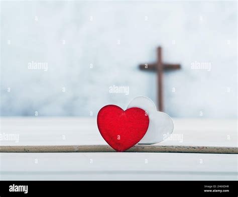 wooden cross and Two red and white hearts on wood background, GOD IS LOVE concept Stock Photo ...