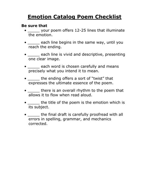 Emotion Catalog Poem Checklist