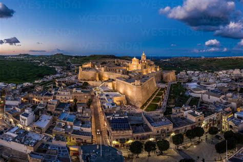 Aerial view of the Citadel on Gozo during the night, Malta. stock photo